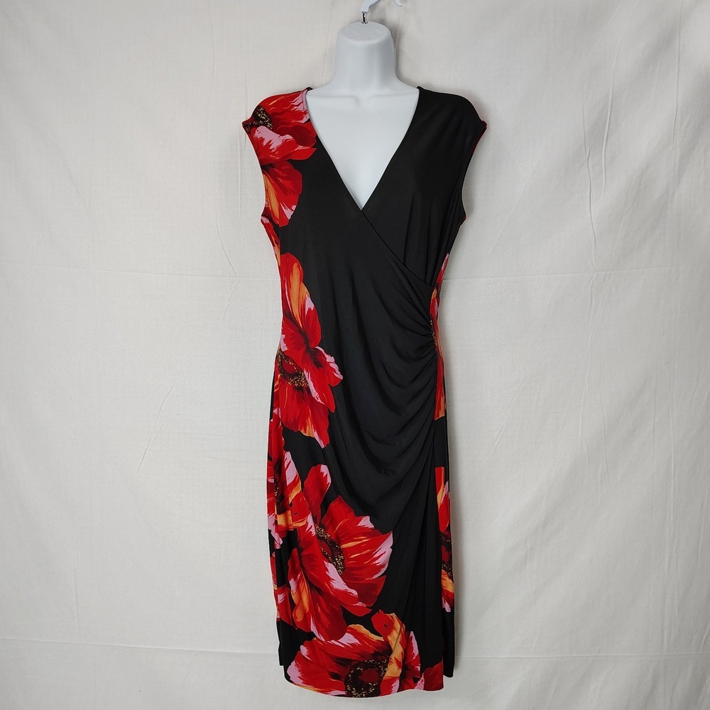 Cache Dress Dark Floral size 4 Ruched Waist V-Neck‎ Knee Length Office Casual